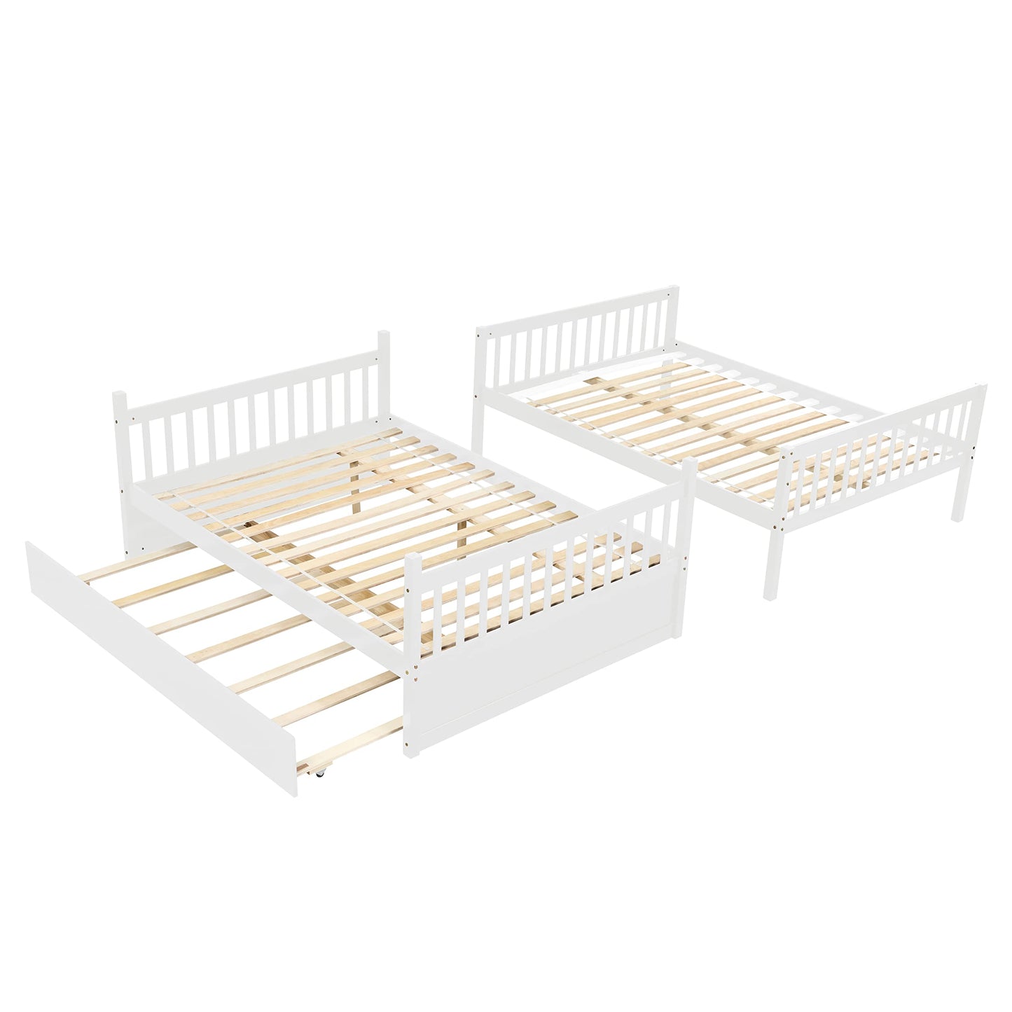 PVWIIK Full Over Full Bunk Bed with Trundle and Ladder for Kids Bedroom,Wood Bed Frame with Safety Rails,Convertible to 2 Bed,No Box Spring Needed,White