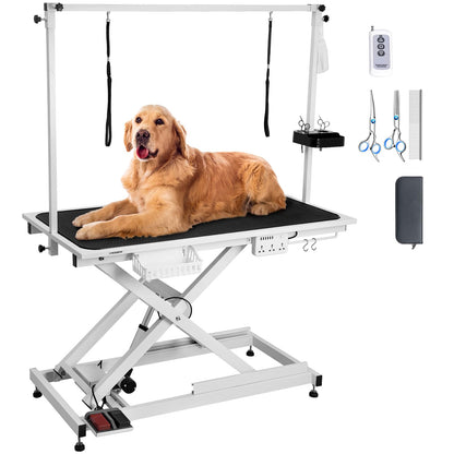 CIRONBOW 50'' Electric Dog Grooming Table, Adjustable X Lift Heavy Duty Dog Grooming Table for Large Dogs with Anti-Skid Tabletop & Grooming Scissors & Wireless Remote &Tool Organizer & Arms, White