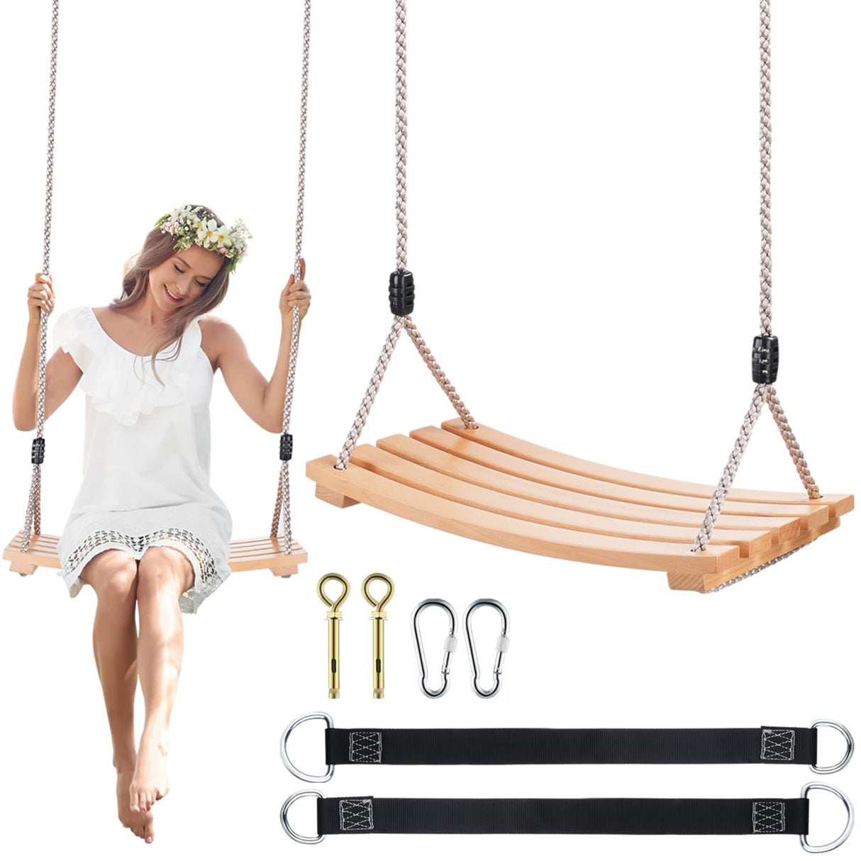 Wooden Tree Swing,Wooden Swing for Adults/Kids with 500lbs Load Capacity,Adjustable Hemp Rope Plus Tree Straps 100 inch, Hanging Wooden Swing for Indoor, Outdoor, Garden,Yard,Backyard (Curved Wooden) GEKMOR
