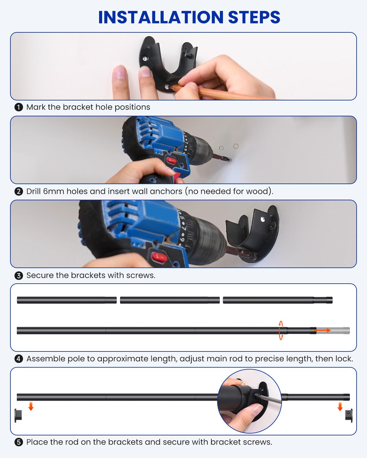 Closet Rods for Hanging Clothes, 17 to 84 Inches Stepless Adjustable Metal Closet Rod, 1.3 Inches Heavy Duty Clothes Hanging Rod for Closet Wardrobes Laundry RV Supforce