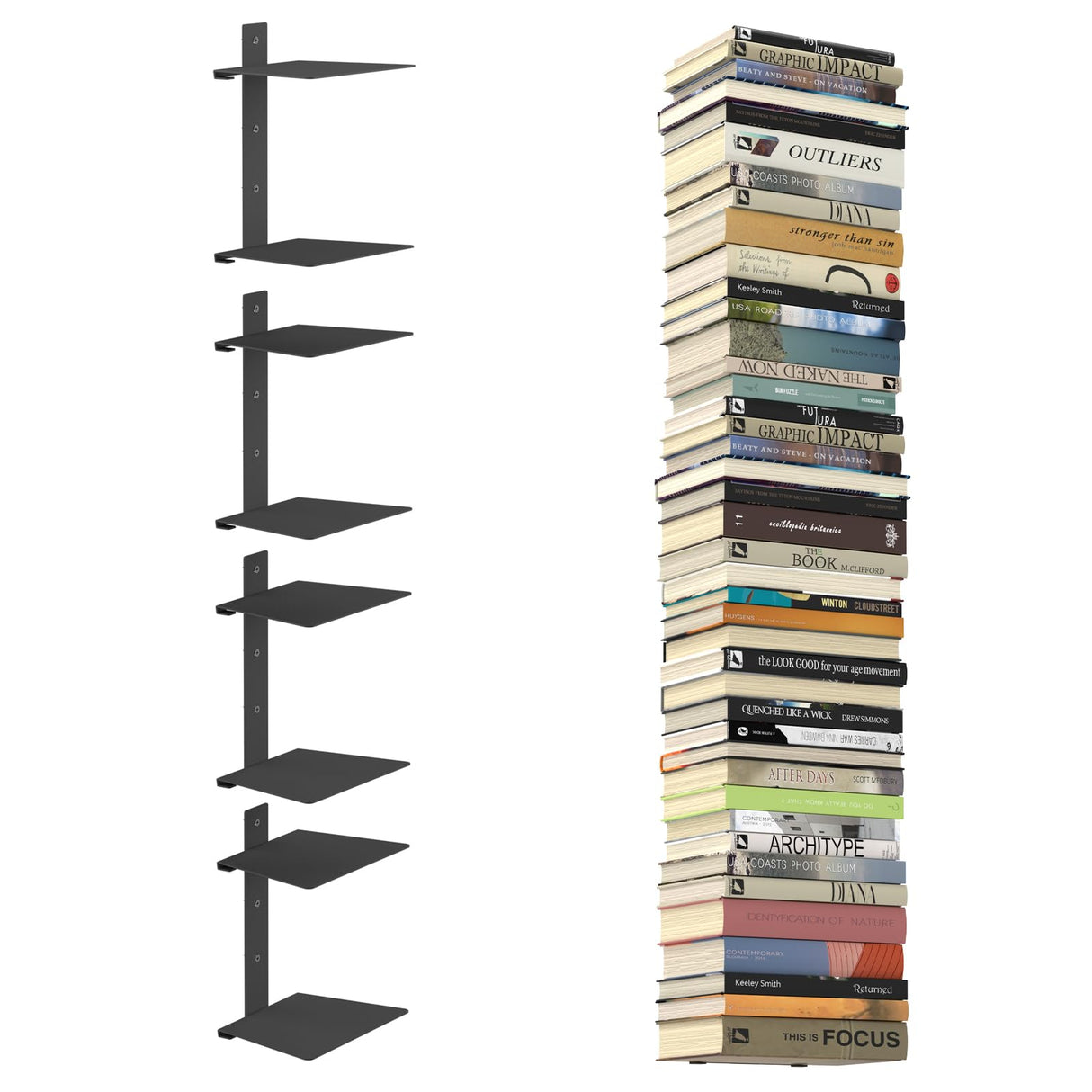 Mefirt Invisible Floating Bookshelves for Wall, 8 Tier Vertical Spine Book Tower, Heavy Duty Floating Book Shelves Metal Book Organizers for Home Office, 4 Pack(Black) Mefirt