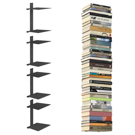 Mefirt Invisible Floating Bookshelves for Wall, 8 Tier Vertical Spine Book Tower, Heavy Duty Floating Book Shelves Metal Book Organizers for Home Office, 4 Pack(Black) Mefirt