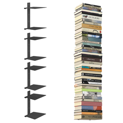 Mefirt Invisible Floating Bookshelves for Wall, 8 Tier Vertical Spine Book Tower, Heavy Duty Floating Book Shelves Metal Book Organizers for Home Office, 4 Pack(Black)