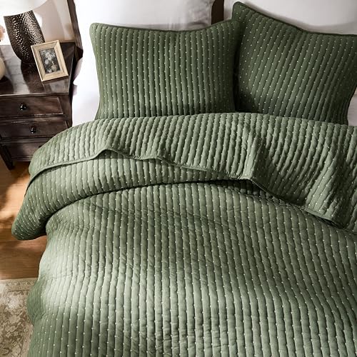 WDCOZY Olive Green Cross Stitch Twin Size Quilt Set, Striped Lightweight Soft Bedspread, Channel Farmhouse Rustic Coverlet, All Season Country Bedding, Thin Comforter WDCOZY