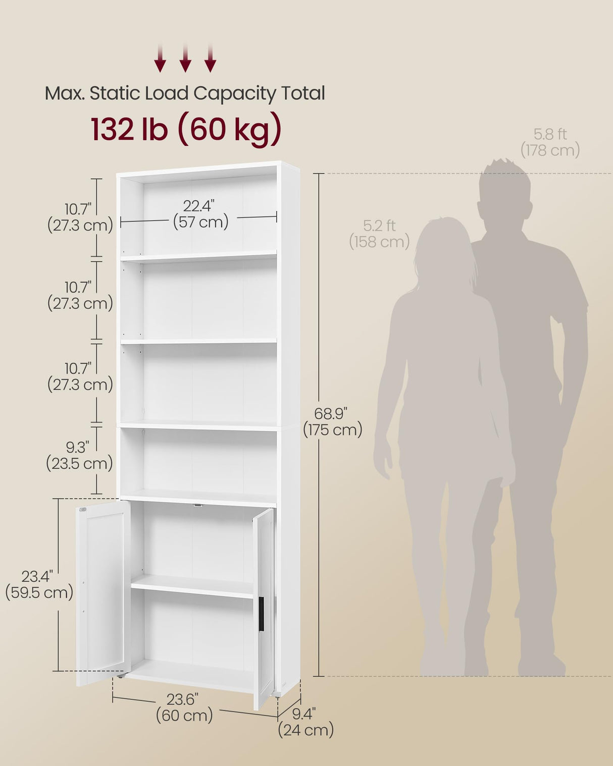 VASAGLE Custos Collection - Bookshelf, 6-Tier Tall Bookcase, Book Shelf with Doors, Open Storage Shelf, 9.4 x 23.6 x 68.9 Inches, for Living Room, Home Office, Dining Room, Cloud White ULBC402W01 VASAGLE