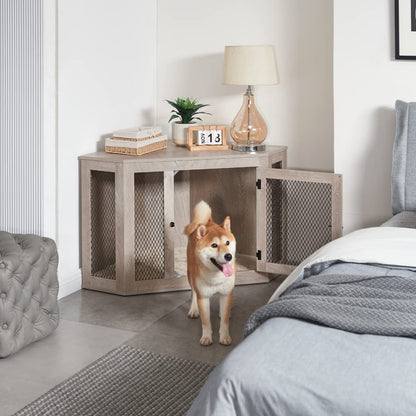 unipaws Furniture Style Corner Dog Crate for Small Medium Dogs, Indoor Aesthetic Puppy Kennel TV Stand, Modern Decorative Wood Pet House Dog Cage, Pretty Cute End Side Table Nightstand, Grey - WoodArtSupply