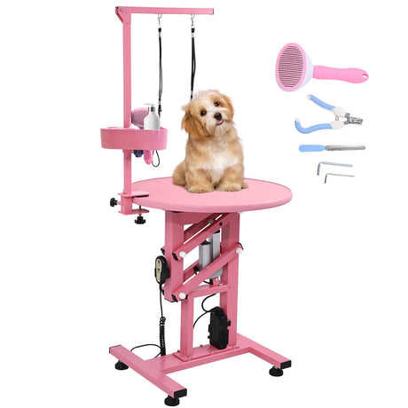 CIRONBOW 24" Electric Dog Grooming Table, Adjustable Fast Lifting Heavy Duty Dog Grooming Table for Small Dogs with Anti Skid Tabletop, Grooming Set, Remote,Tool Organizer and Arms,Pink CIRONBOW