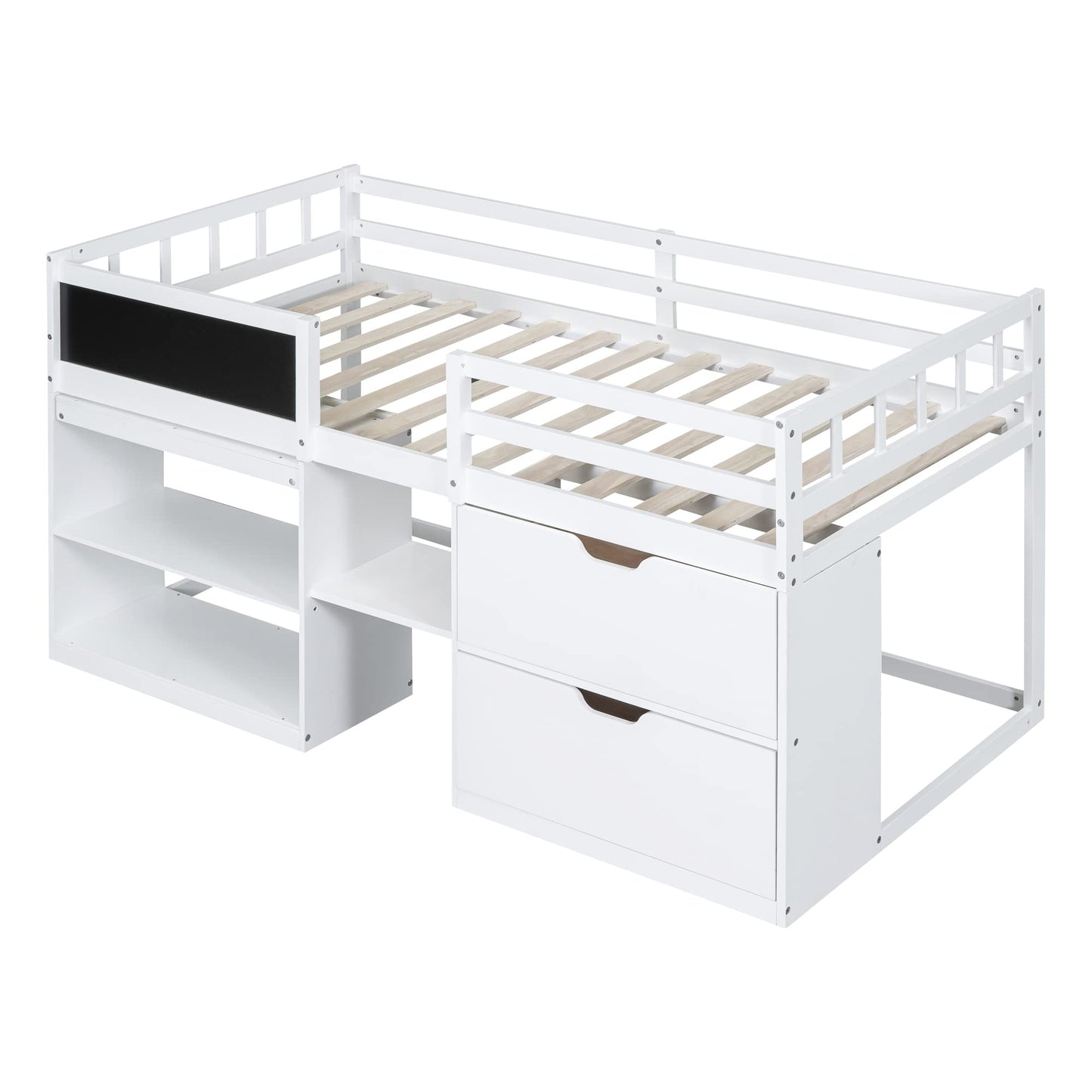 Merax Low Loft Bed Twin with Storage, Solid Wood Bed Frame with Rolling Desk and Drawers, No Box Spring Needed, for Boys & Girls (White) - WoodArtSupply