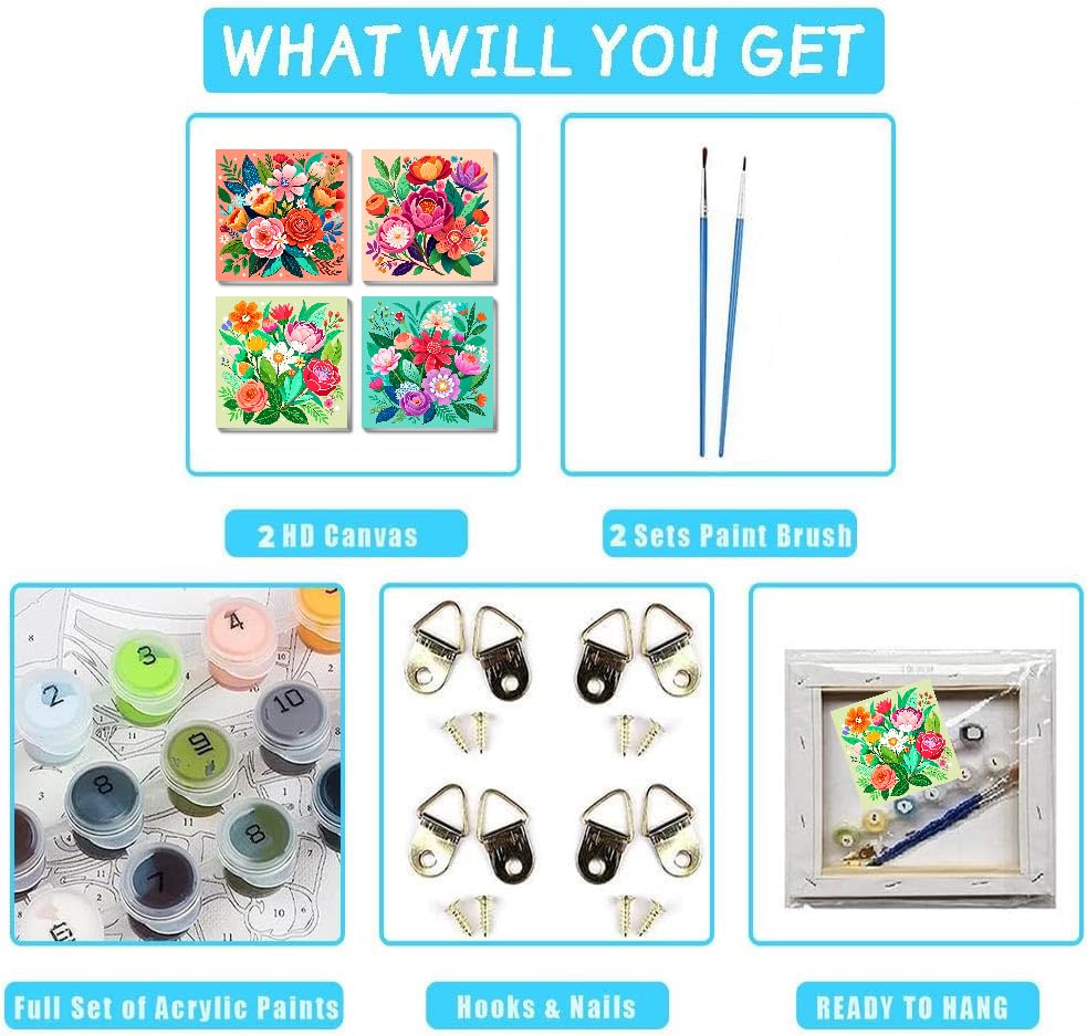 4 Pack Flowers Paint by Numbers Kit for Adults Beginners Framed - DIY Flowers Adults Paint by Numbers Kits on Canvas with Frame, Small Easy Acrylic Oil Painting Perfect for Home Decor 8 X 8 Inch Amzdiyfun