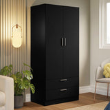 Madesa 2 Door 2 Drawer Storage Cabinet Wardrobe with Shelf and Hanging Space 31" L Wooden Armoire Closet Organization Unit for Bedroom and Office (Black) Madesa