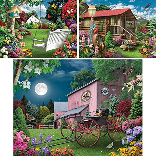 Bits and Pieces - Value Set of (3) 300 Piece Jigsaw Puzzles for Adults - Each Puzzle Measures 18" x 24" - 300 pc Blooming Back Yard, Nature Haven, Serene Summer Night Jigsaws by Artist Alan Giana Bits and Pieces