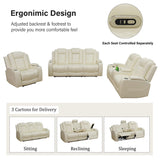 GEBADOL Power Recliner Sofa Set, Breathing Leather Sofa Set with Storage Console/Cup Holders/USB Ports, Leather Reclining Couch Set for Living Room (Creamy White, Sofa+LOVESEAT+Chair) GEBADOL