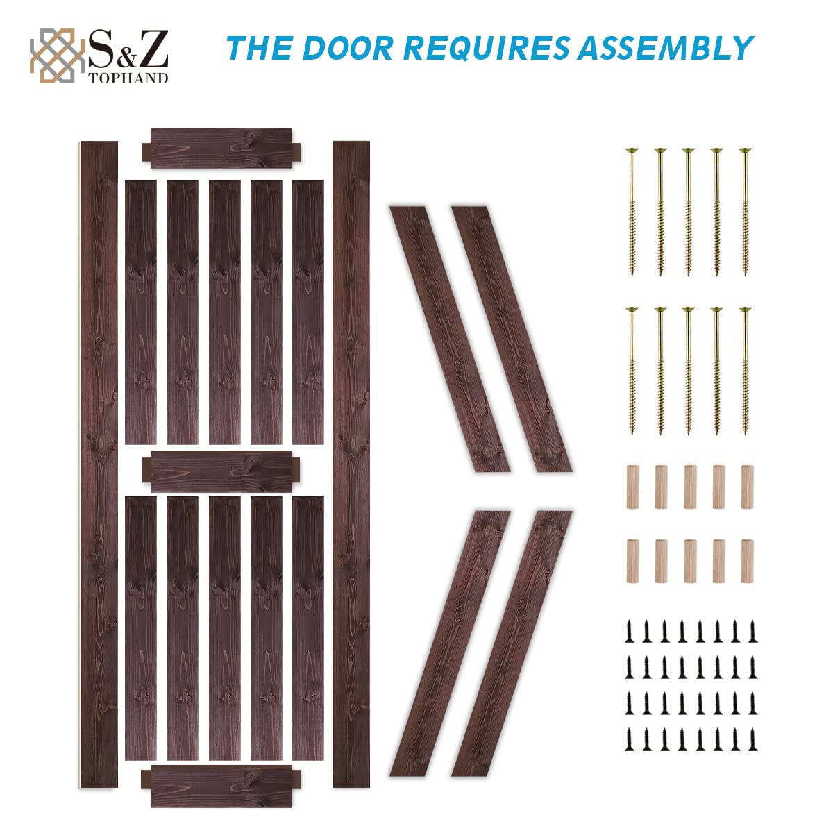 S&Z TOPHAND 36 in x 84 in Brown British Brace Knotty Barn Door with 6.6FT Sliding Door Hardware Kit/Double -Sided Door Handle/Solid Wood/Double - WoodArtSupply