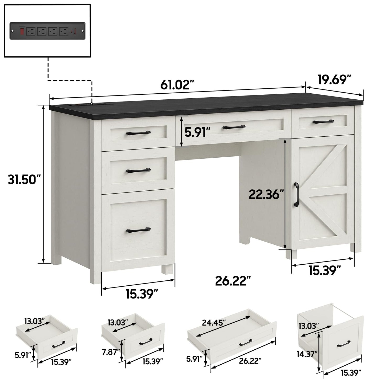 Farmhouse 61'' Executive Desk with 5 Drawers, Rustic Office Desk Computer Desk with Charging Station, File Drawers and Storage Cabinet, Wood Workstation for Home Office and Study, Black - WoodArtSupply