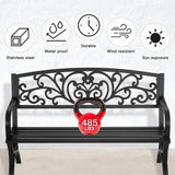 FDW Patio Garden Bench 50 inch Outdoor Metal Loveseat Chairs with Armrests Slatted Seat and w/Floral Design Backrest for Park, Yard, Porch, Lawn, Balcony, Backyard, Black FDW
