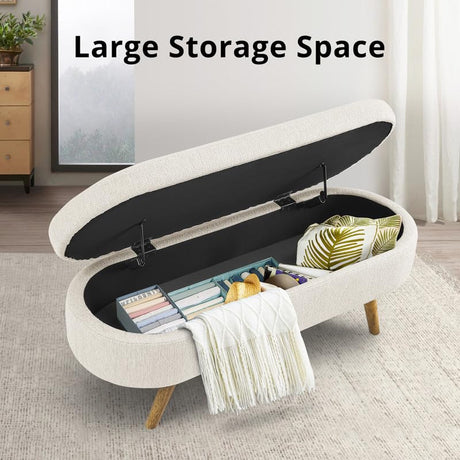 43.5 Inches Storage Ottoman Bench, Linen Upholstered Entryway Bench with Solid Wood Legs & Safety Hinge Flip Top, Oval Foot Rest Sofa Stool for Bedroom End of Bed Living Room, 250 lbs Load, Beige Zaboro