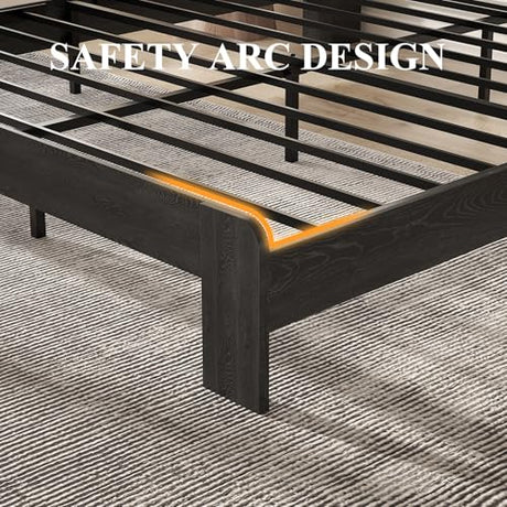 Wooden Bed Frame King Size with Storage Headboard - Farmhouse Platform Bed Frame with Bookcase Shelf & Led Lights, Sturdy Wood Slat Framework Bed Frame (Black LED) SAMTRA