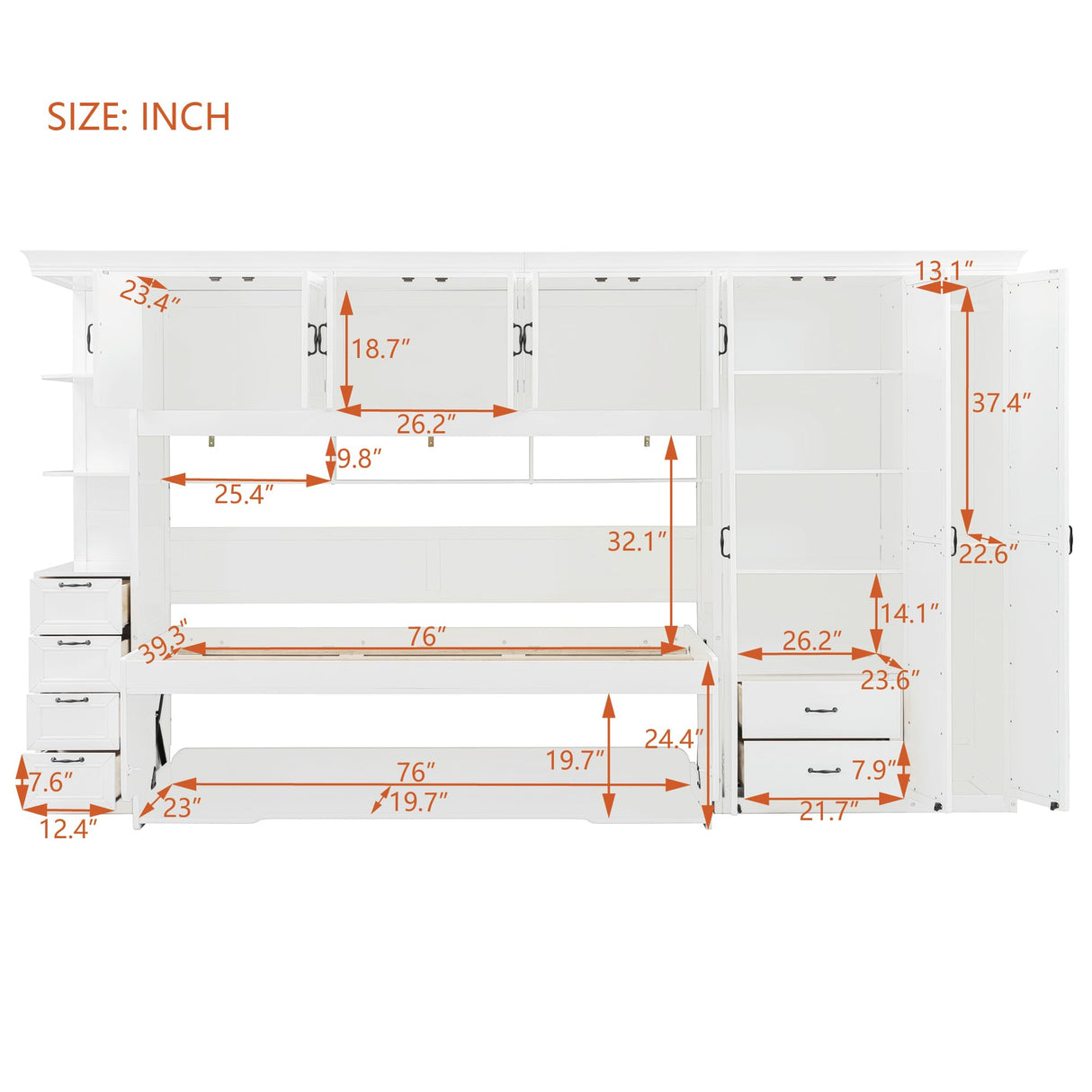 SOFTSEA Twin Size Horizontal Murphy Bed with Desk, Foldable Wall Bed Frame with 3-Door Wardrobe, Drawers & Shelves, Space-Saving Hideaway Bed for Small Space, Apartment, White SOFTSEA