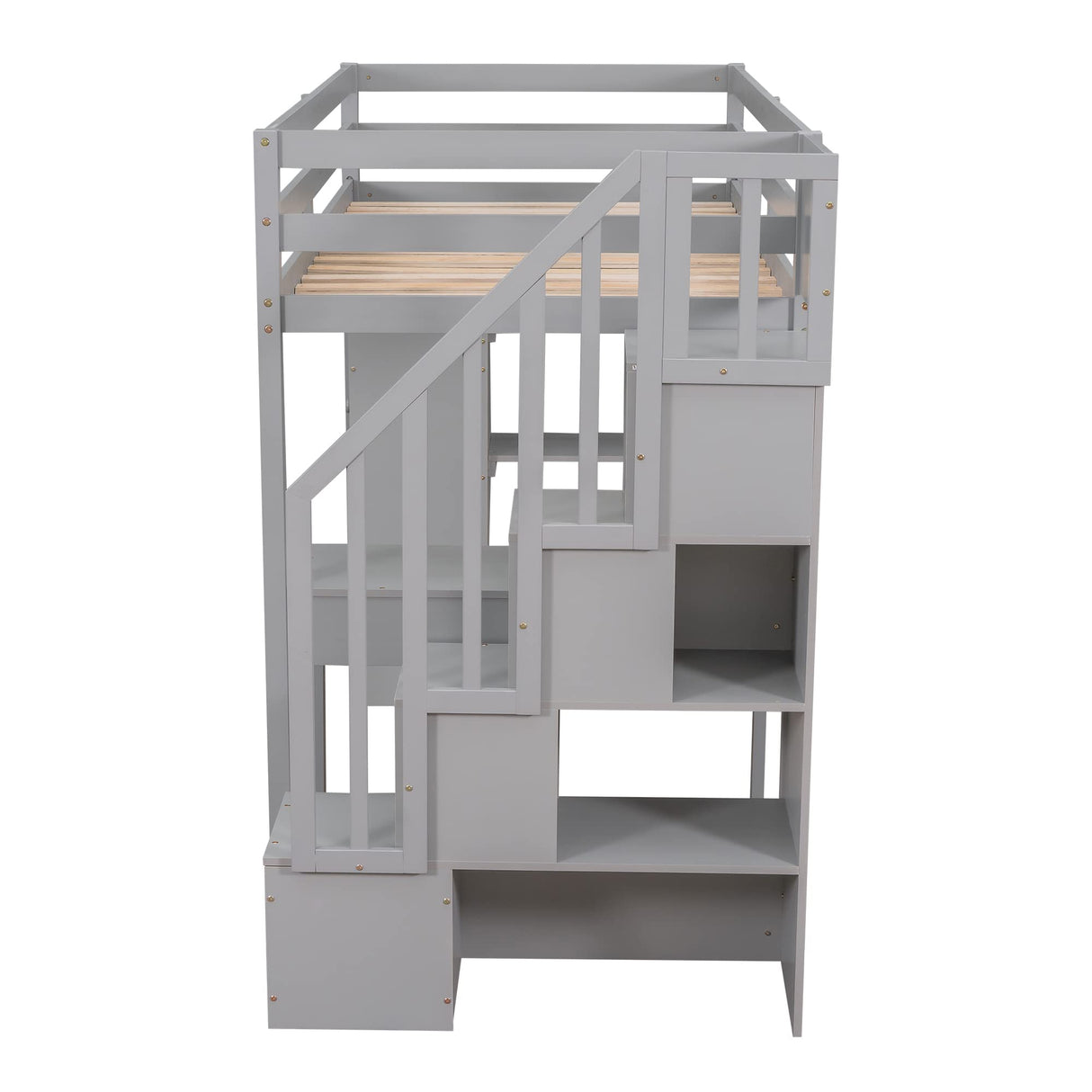 Merax Loft Bed Twin with Desk and Storage Stairs, Space-Saving Wood Bed Frame with Drawers and Shelves, for Teens Adults (Grey) Merax