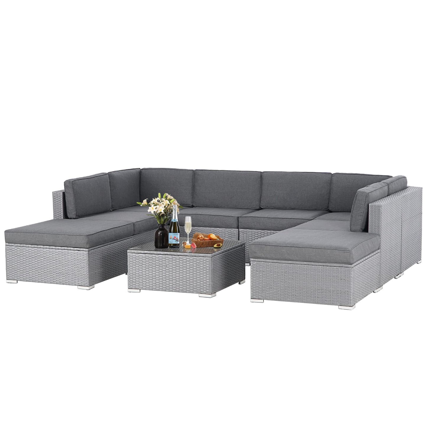 Betterland 9 Piece Outdoor Sectional Sofa Patio Furniture Set, All-Weather PE Grey Wicker Patio Conversation Set with Washable Cushion and Glass Table(Grey Cushions)