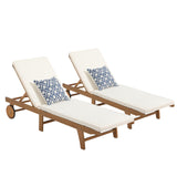 Patiorama Patio Acacia Wood Chaise Lounge Set of 2, Outdoor Folding Lounge Chair Recliner w/Adjustable Backrest, Wheels, Padded Cushion, Portable Sun Lounger Pool Chair for Deck, FSC Certified, Cream Patiorama