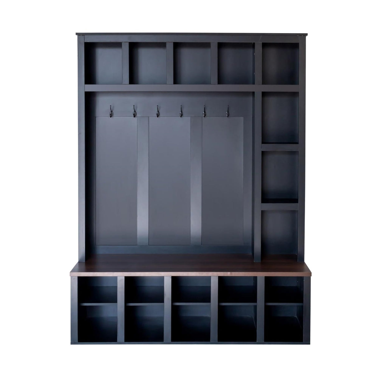 LUMISOL Wide Farmhouse Hall Tree with 6 Hooks and 13 Cubbies, 59'' Hallway Coat Rack with Storage Bench, 4-in-1 Entryway Shoe Cabinet with Adjustable Shelves, for Living Room Mudroom, Black LUMISOL