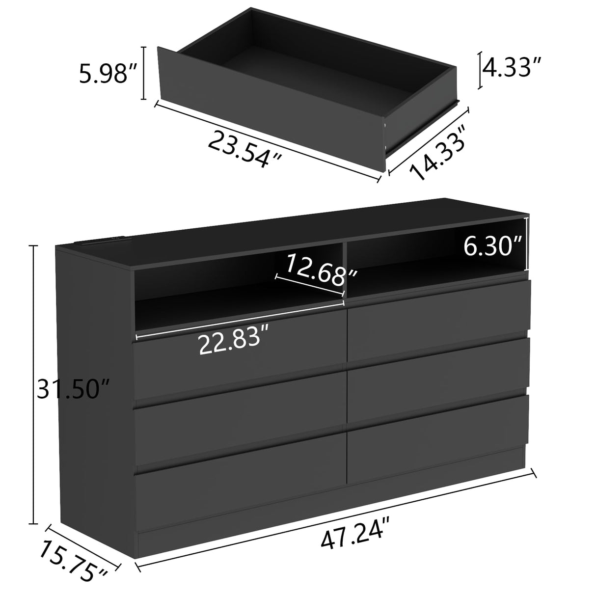 Loomie 6 Drawer Dresser for Bedroom, Wide Chest of Drawers with Charging Station and LED Lights, Traditional Bedroom Furniture, Modern Storage Dresser TV Stand for Living Room (Black) Loomie