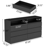 Gyfimoie 6 Drawer Double Dresser with Power Outlet, Accent Chests of Drawers with LED Light, Modern Storage Dresser for Bedroom, Living Room (Black) Gyfimoie