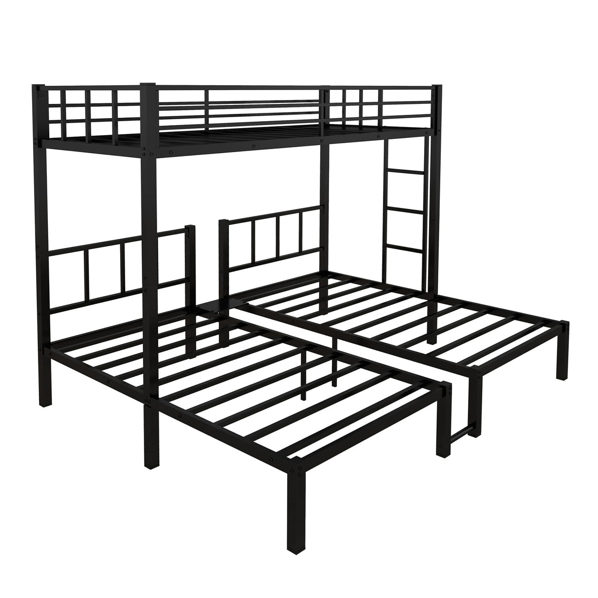 HKOLIE Detachable Triple Bunk Bed, Metal Bunk Bed for 3, with Guardrails, Ladder & Upper Bed Platform, Black, for Kids, Teens, and Adults, No Box Spring Needed HKOLIE