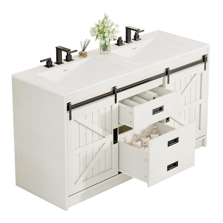 AMERLIFE 61" Farmhouse Double Bathroom Vanity with Sink Combo, Dual Basin Bathroom Storage Cabinet with Sliding Barn Doors & Drawers, Large Double Bath Vanity Sink Set, Rustic White AMERLIFE
