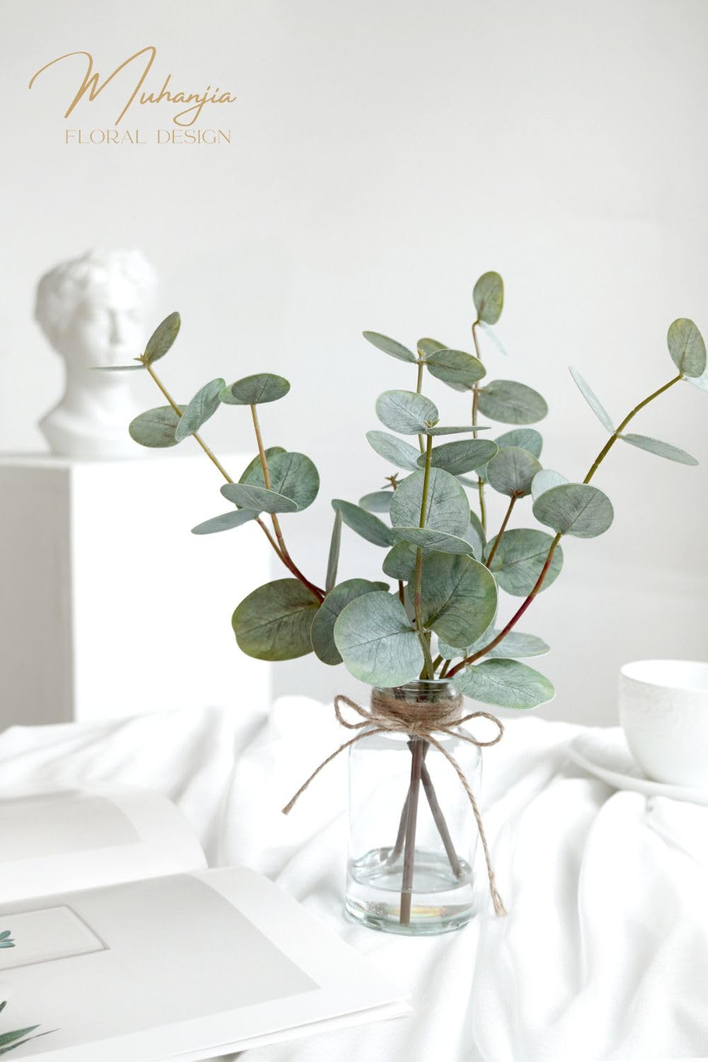 Muhanjia Artificial Eucalyptus Stems in Glass Vase with Faux Water,3Pcs Fake Plant with Double-Sided Green Leaves for Centerpiece(Double-Sided Green Eucalyptus) Muhanjia