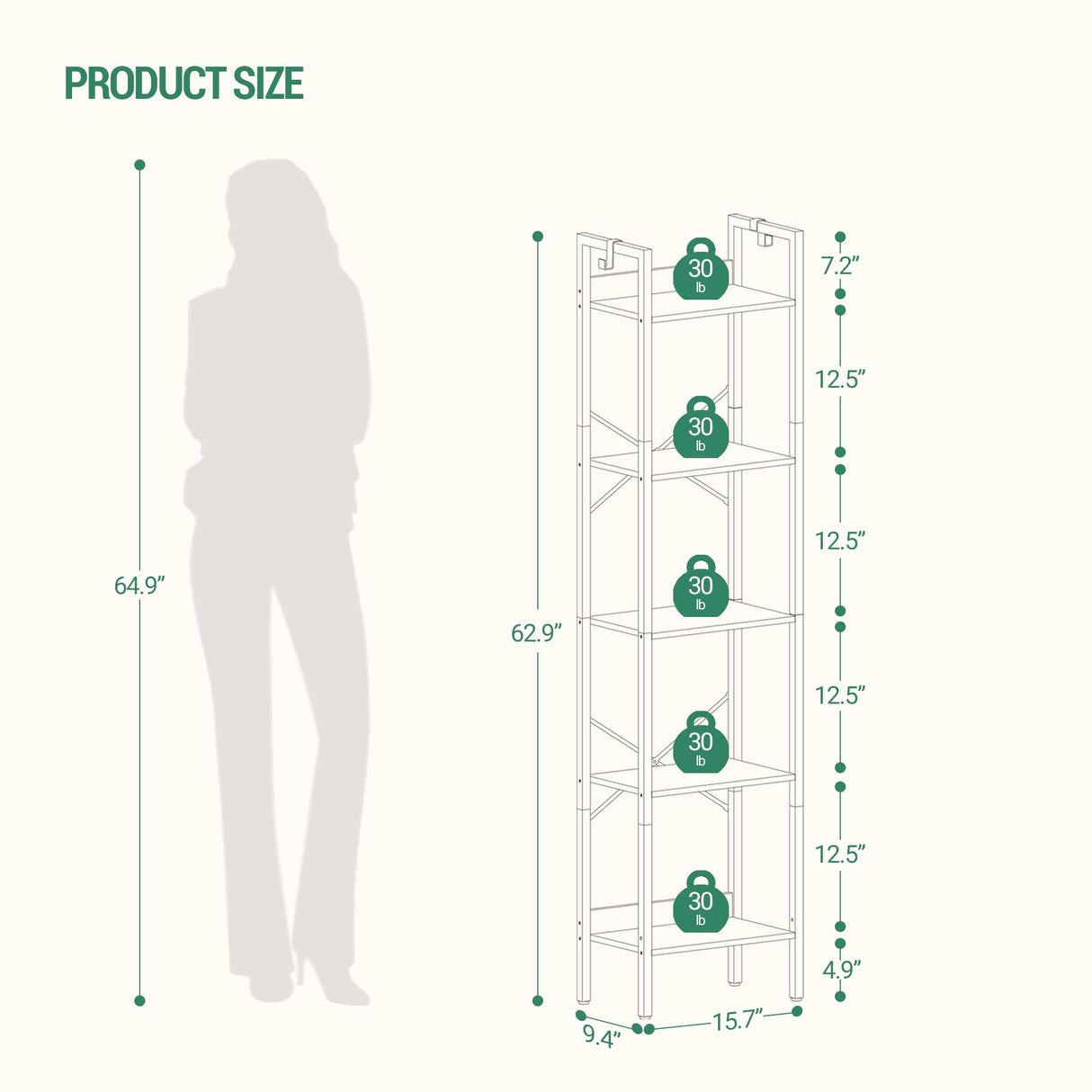 Hzuaneri Bookshelf, Book Shelf, Industrial Bookcase with 2 Hooks, Coner Shelf Storage Organizer for Home Office, Living Room, Bedroom, Kitchen, 5-Tier White BC10513W Hzuaneri