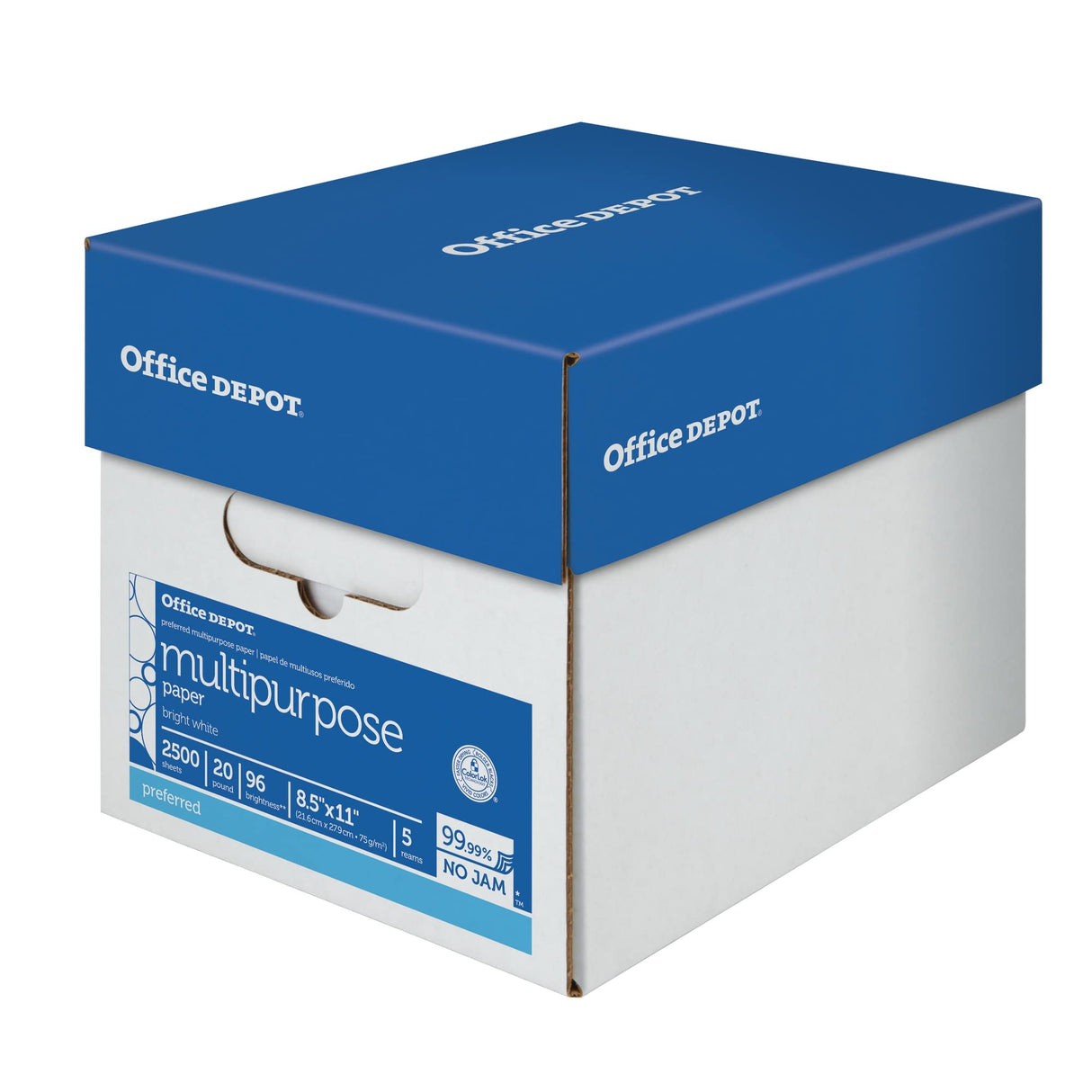 Office Depot® Multi-Use Printer & Copy Paper, 5 Reams, White, Letter (8.5" x 11"), 2500 Sheets Per Case, 20 Lb, 96 Brigh Office Depot