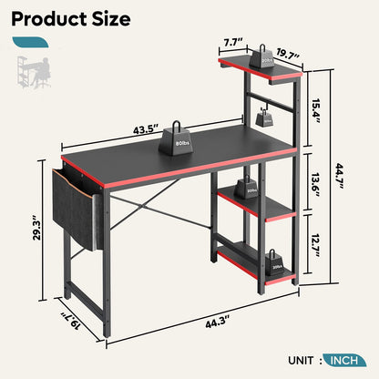 Bestier Gaming Desk with LED Lights, 44 Inch PC Gamer Desk for Small Spaces, Computer Desk with Reversible Storage Shelves & Side Storage Bag (Black 3D Carbon Fiber)