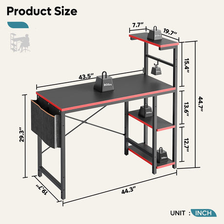 Bestier Gaming Desk with LED Lights, 44 Inch PC Gamer Desk for Small Spaces, Computer Desk with Reversible Storage Shelves & Side Storage Bag (Black 3D Carbon Fiber) Bestier