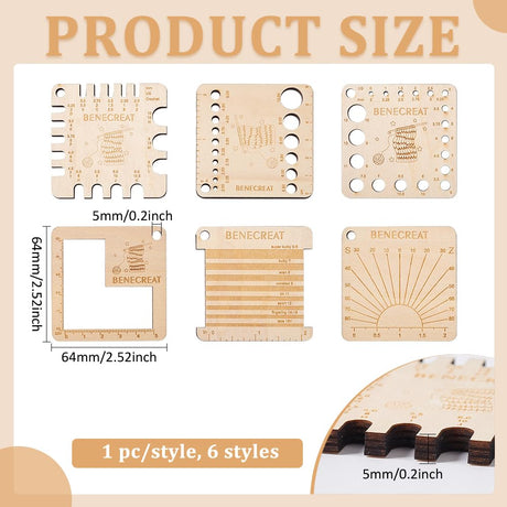 BENECREAT 6 Styles Wood Knitting Gauge Rulers, Square Crochet Hook and Yarn Wrap Guide Board Knitting Tool for Knitting Needle Spinners Yarn Measuring Crochet BENECREAT