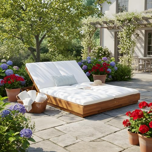 Christopher Knight Home Toridan Double Chaise Lounge Outdoor with Cushion, Acacia Wood Patio Chaise Lounge Set of 2, Adjustable Backrest Poolside Sun Lounger, Wood Sunbathing Chair, Teak+White