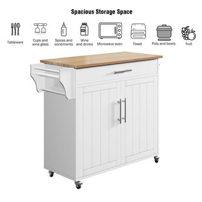 Tornama Kitchen Storage Island, Wooden Rolling Kitchen Island On Wheels with Wood Top, Mobile Kitchen Island Cart with Towel Rack, Spice Rack and Drawers, White - WoodArtSupply