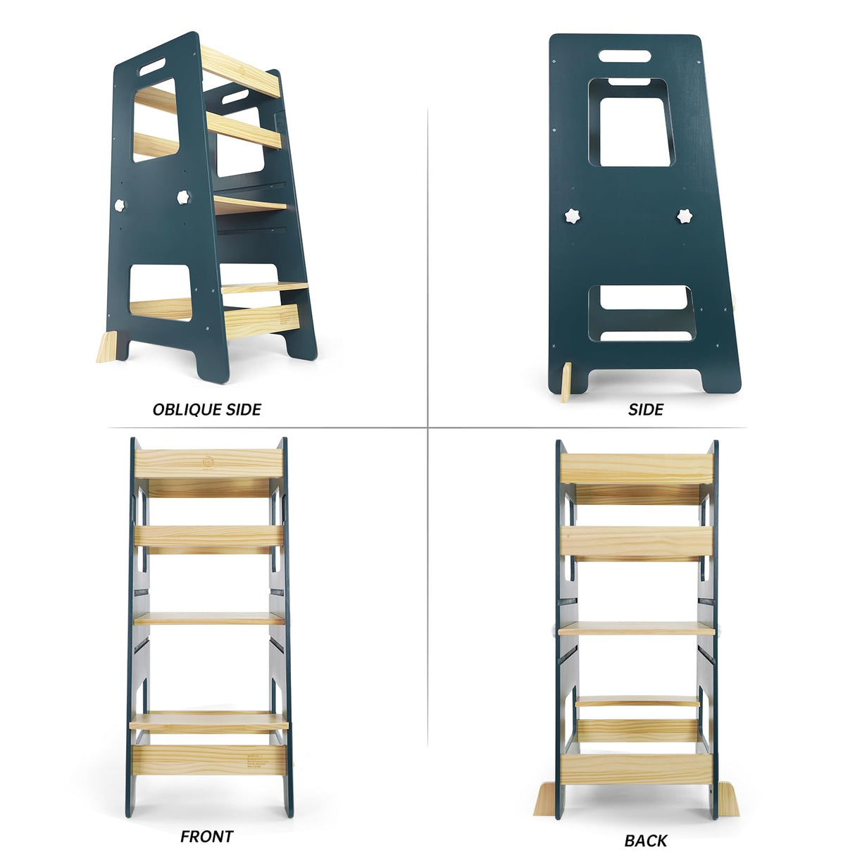 WOOD CITY Kitchen Step Stool - Safe Montessori Standing Tower for Kids with Safety Rail, Height Adjustable Toddler Ideal Helper for Learning New Skills, Anti-Slip Protection for Bathroom - Deep Blue WOOD CITY