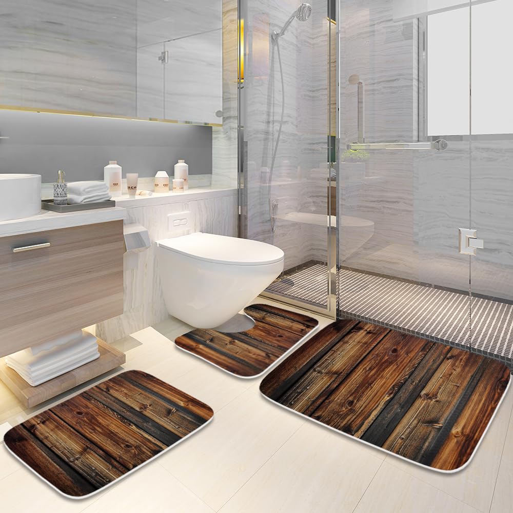 Final Friday Rustic Farmhouse Wooden Board Print Bathroom Rugs and Mats Sets 3 Piece, Wood Western Country Bath Mat 20 x 31 in, Coral Velvet Memory Foam U-Shaped Contour Shower Mat Non Slip Absorbent Final Friday