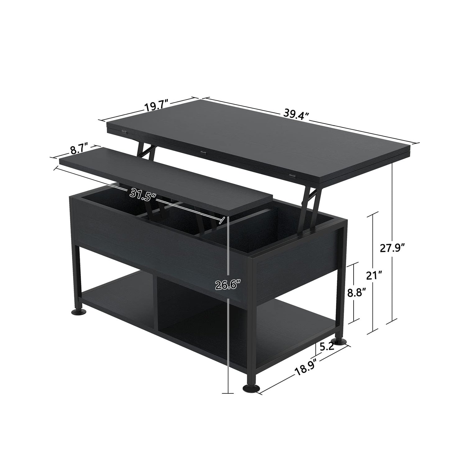 cosimates Lift Top Coffee Table ，4 in 1 Multi-Function Coffee Table with Hidden Compartment ，Modern Lift Tabletop Dining Table for Living Room Reception/Home Office, Black - WoodArtSupply