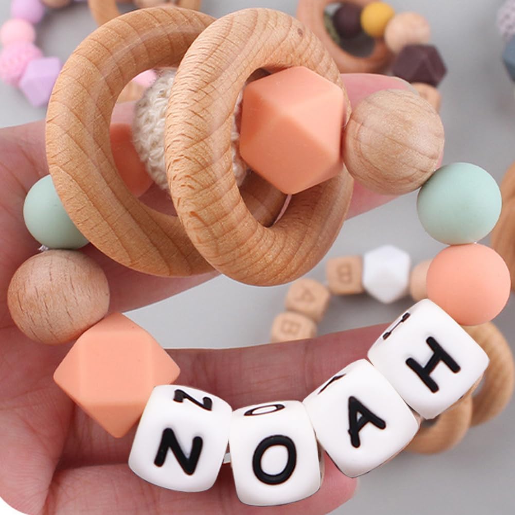 Personalized Baby Rattle Ring with Name,Custom Silicone Bracelet Rings Stroller for New Baby Newborn Shower Gift (Wooden Rings) Verxcty