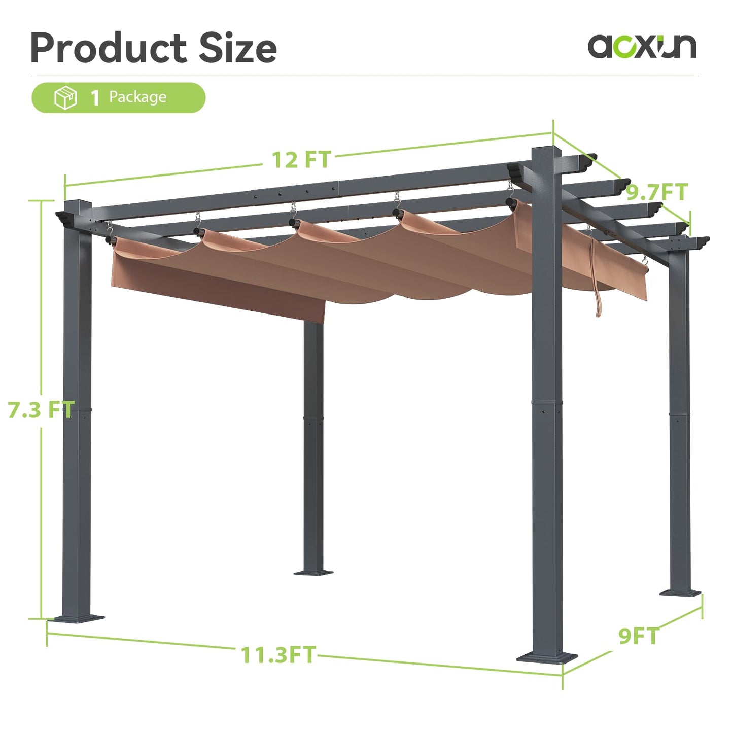 Aoxun 10‘×12’ Outdoor Pergola, Upgraded Canopy with Adjustable Roof, Metal Patio Pergola with Brown Shade Cover for Backyard, Garden and Deck