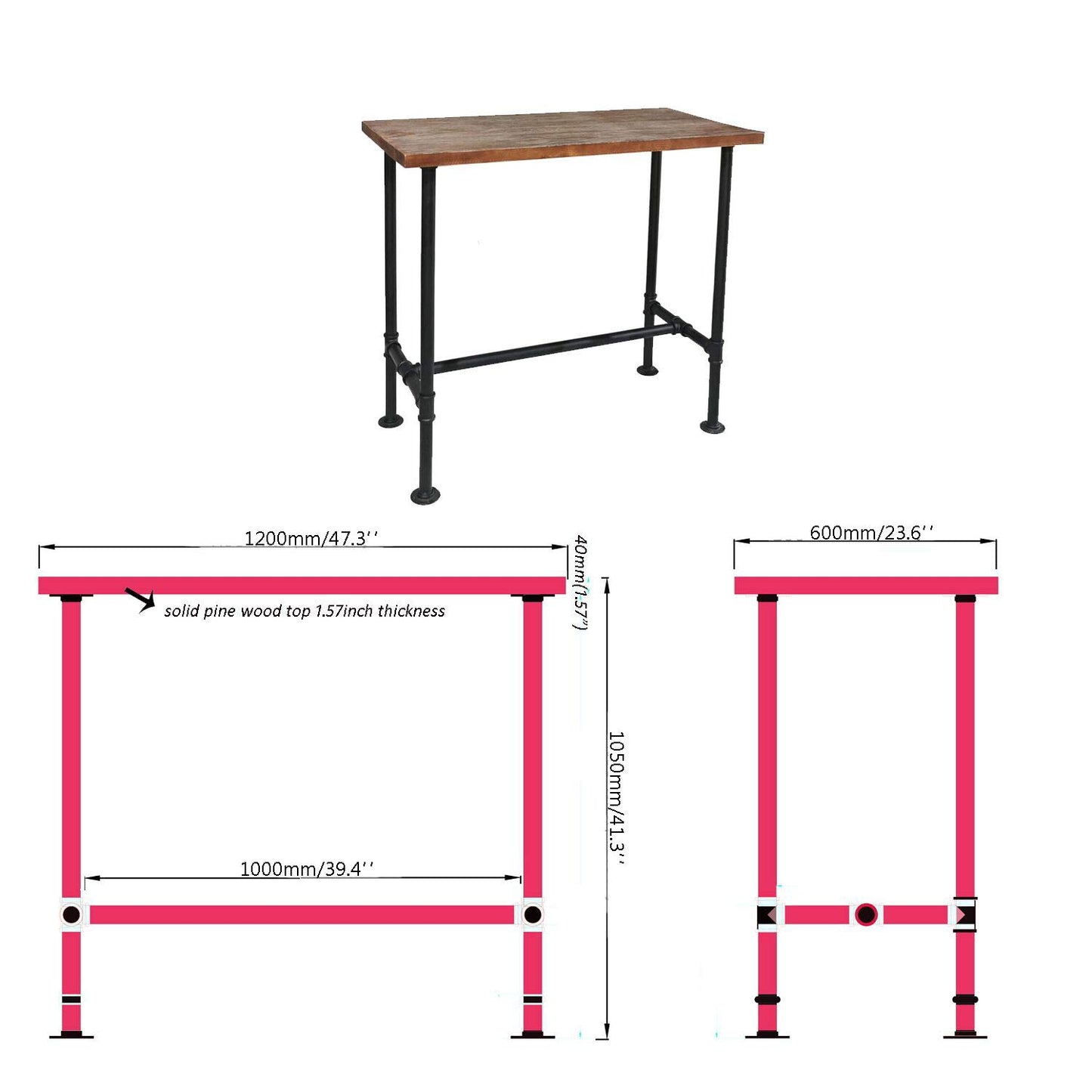 Diwhy Industrial Design Pipe Dining Table - Modern Wood and Metal Bistro Desk - WoodArtSupply