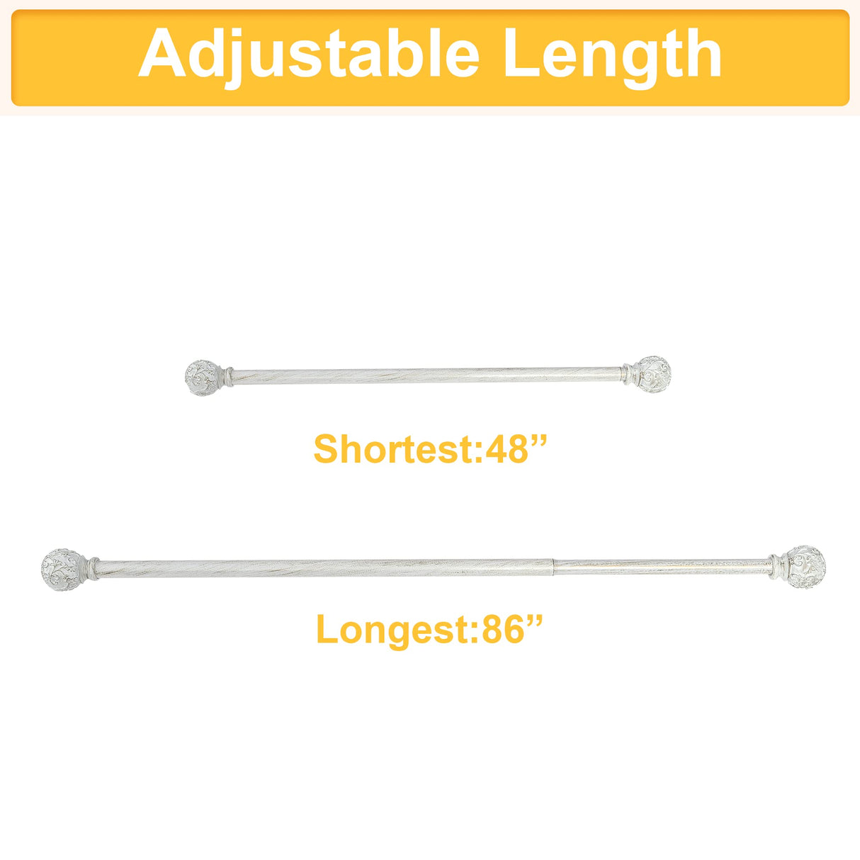 RYB HOME White Curtain Rod 48 to 86 Inch, 1 Inch Diameter Adjustable Telescoping Single Drapery Rod with Leaf Pattern Ball Finials Rustic Decor for Farmhouse Dining Room Decor Kids Bedroom RYB HOME