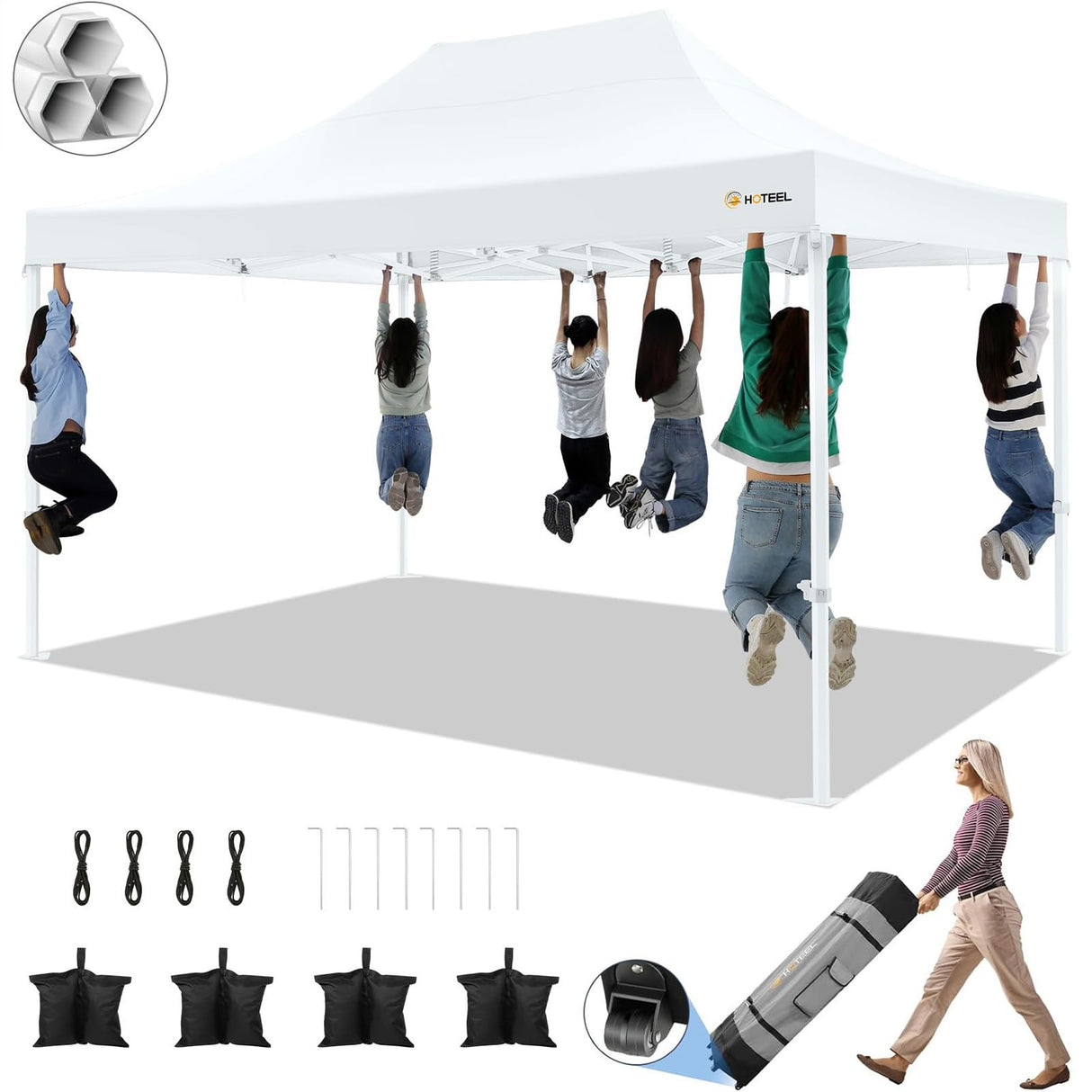 HOTEEL 10x15 Pop up Canopy Tent for Parties, Heavy Duty Easy Setup Tent Without Sidewalls, Outdoor Commercial Instant Gazebo for Wedding Event, with Roller Bag & Sand Bags, White(Hexagonal Frame) Hoteel