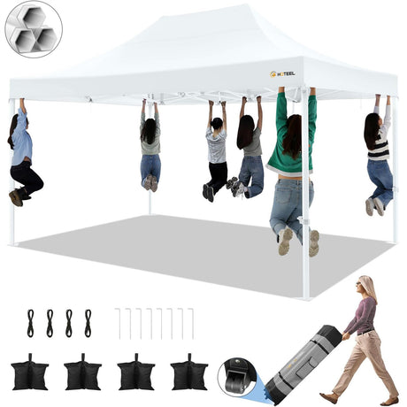 HOTEEL 10x15 Pop up Canopy Tent for Parties, Heavy Duty Easy Setup Tent Without Sidewalls, Outdoor Commercial Instant Gazebo for Wedding Event, with Roller Bag & Sand Bags, White(Hexagonal Frame) Hoteel