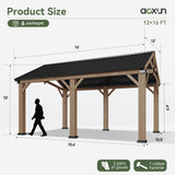 Aoxun 12' x 16' Outdoor Wood Gazebo, Hardtop Gazebo Permanent Wooden Pavilion with Galvanized Steel Gable Roof, for Patio, Garden, Deck, Cedar Wood Aoxun