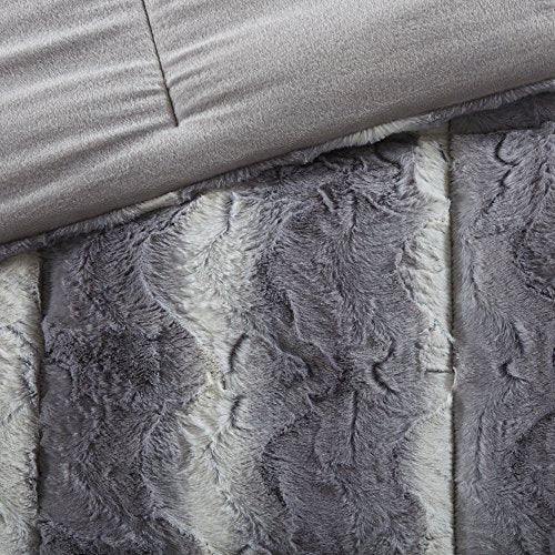 Madison Park Zuri Soft Plush Comforter Set, Faux Fur Animal Stripes Design, Faux Mink On The Reverse, Modern All Season Bedding Set with Matching Sham, King, Grey 4 Piece Madison Park