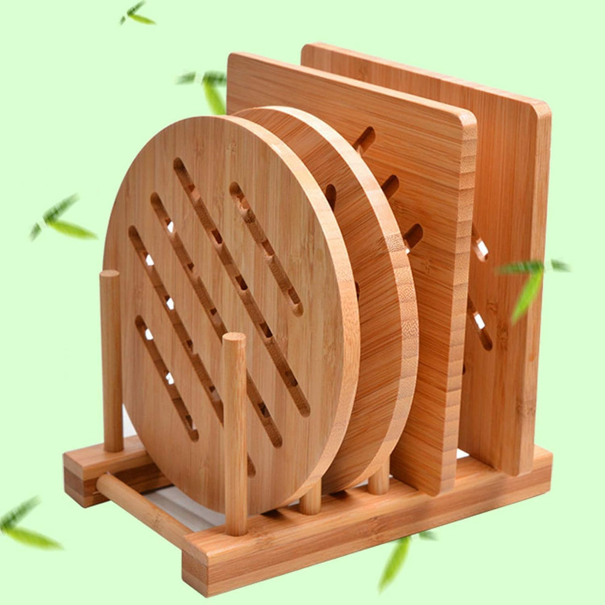 Bamboo Trivet Kitchen Bamboo Hot Pads Trivet Natural Bamboo Trivet Mat Set for Hot Dishes/Pot/Bowl/Teapot/Hot Pot Holders 2 Square 2 Roundness 1 Storage Rack Garkup
